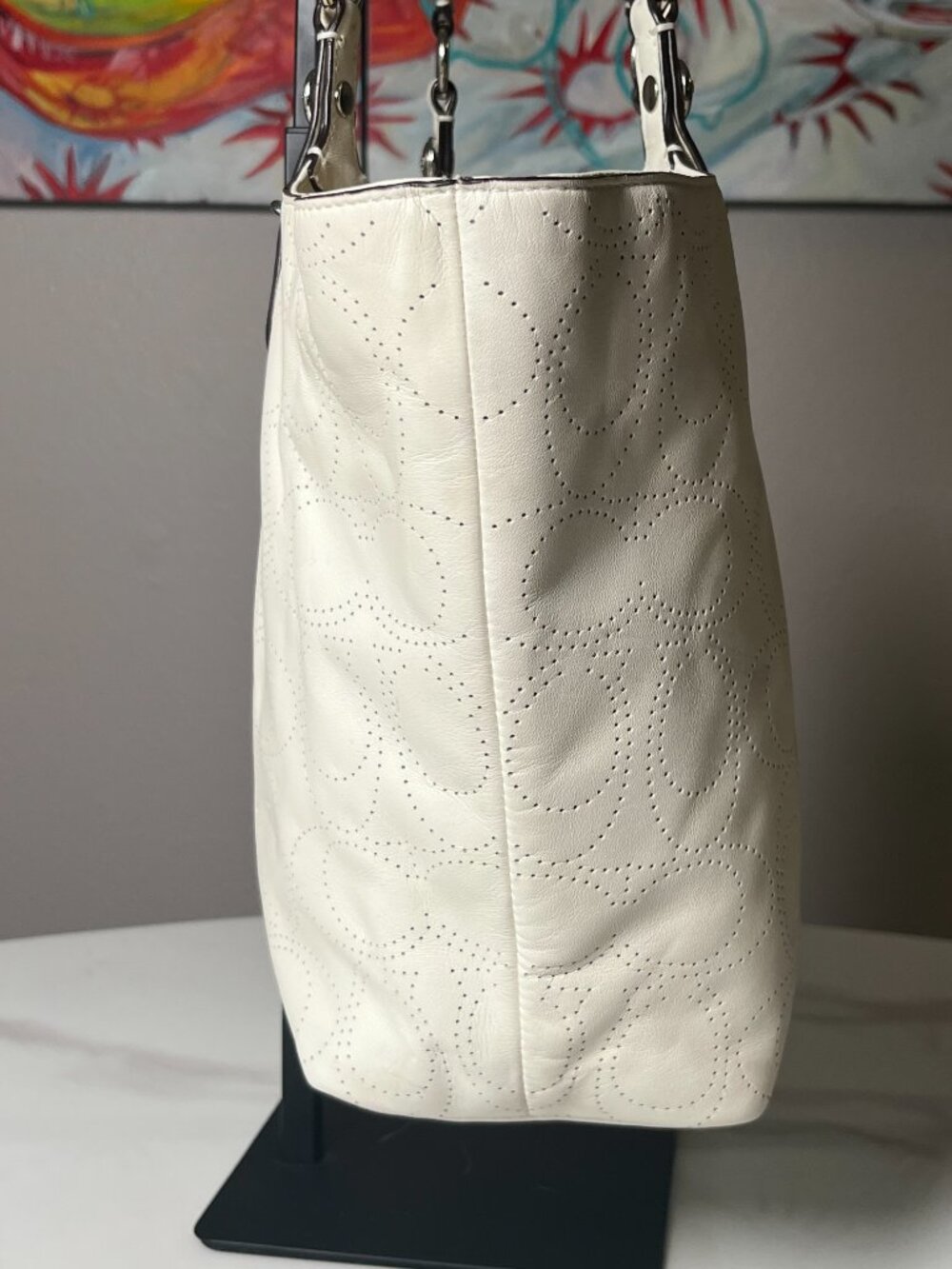 Coach Ivory Leather Op Art Perforated Tote Bag F16598 - Picture 4 of 15